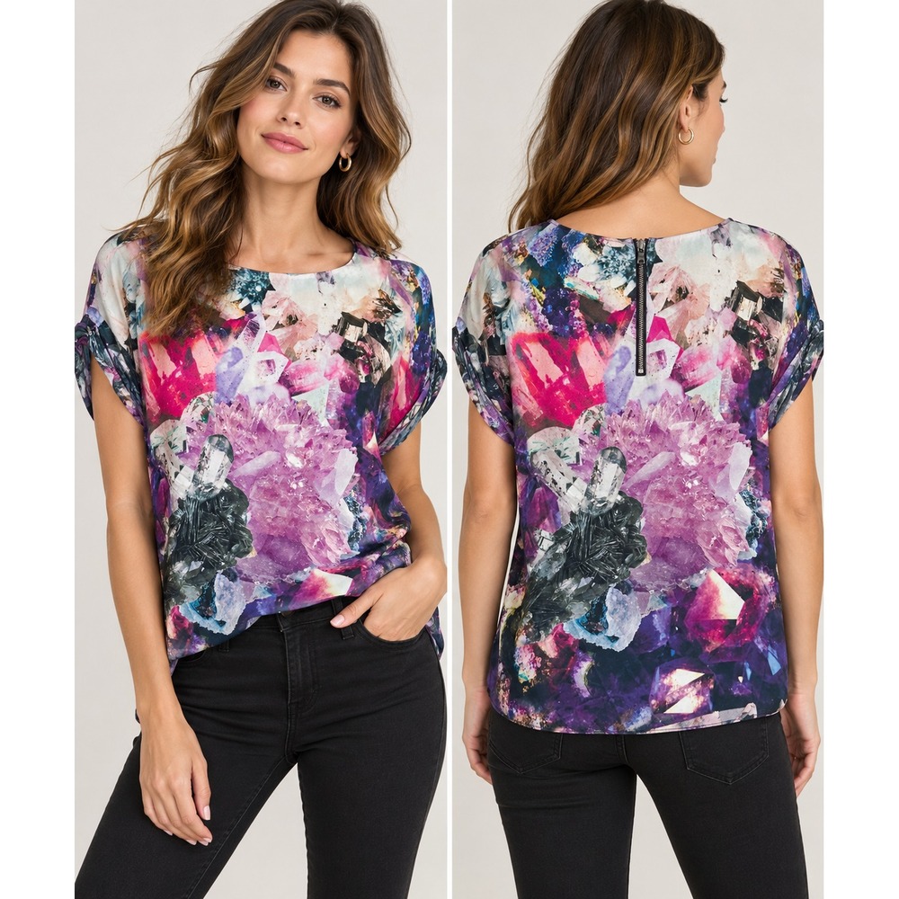 Alice + Olivia Neptune Silk Floral Crystal Print Top M Purple Bones TV Rare Zip